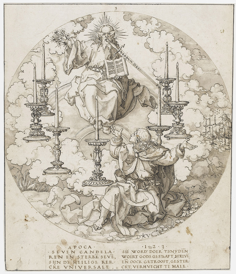 Vellert's Apocalypse series, John's vision of the Enthroned Lord with a double-edged sword, drawing, 1525,  Louvre, Rothschild collection, Paris